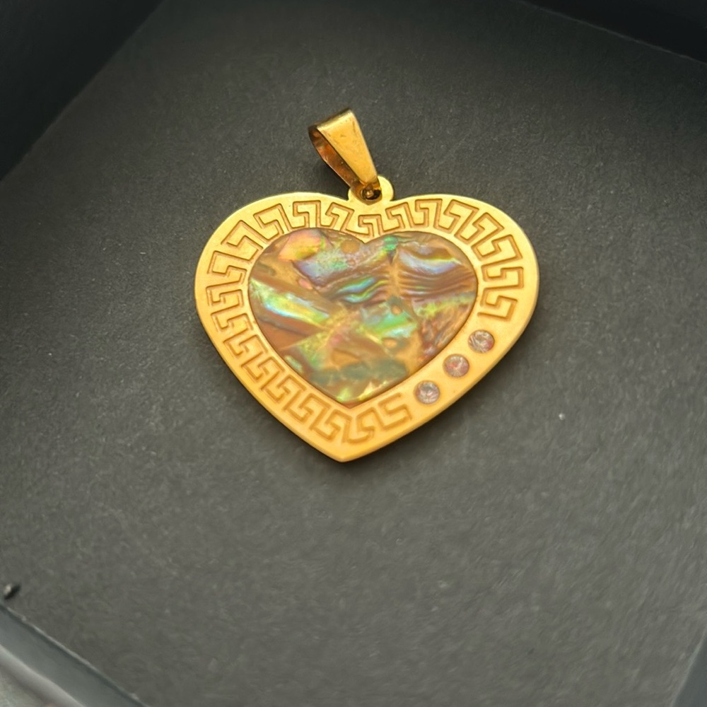 Gold Heart Necklace with Greek Key Design - Picture 2 of 5